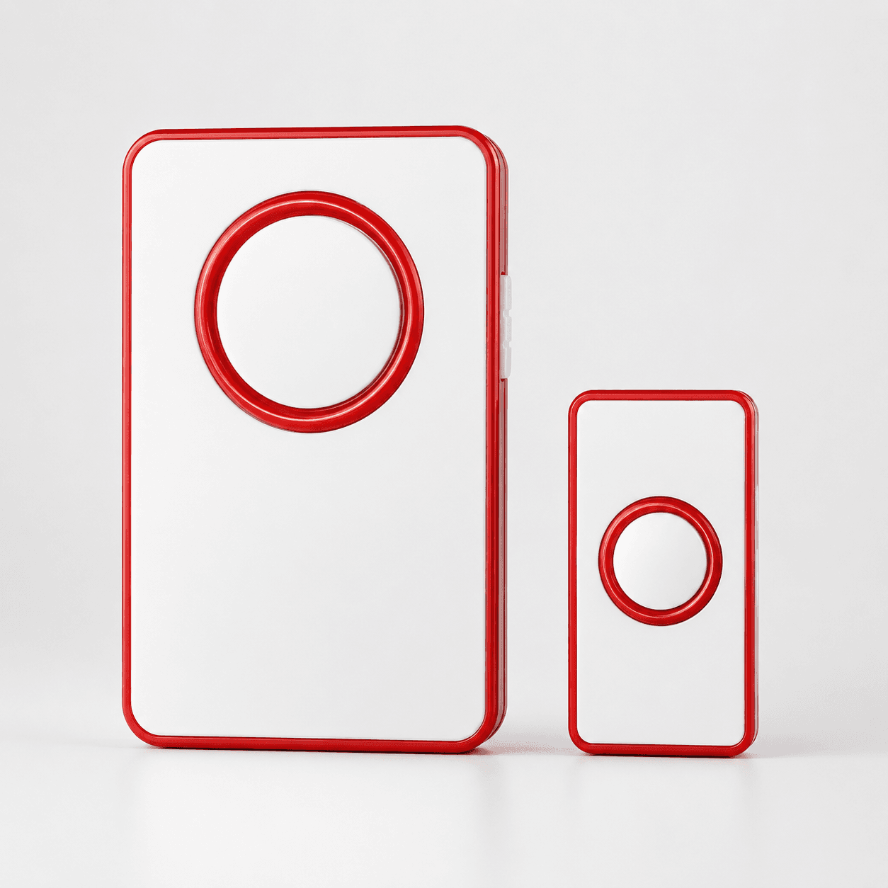 Battery operated wireless RF doorbell receiver and transmitter in white and red
