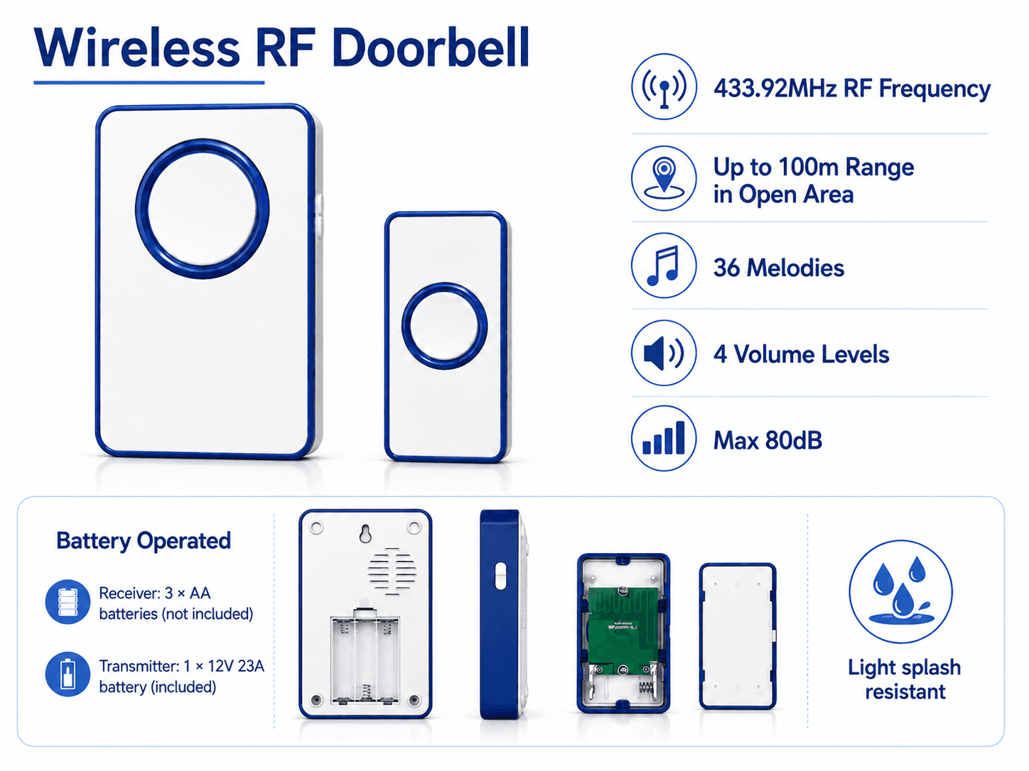 Battery operated wireless RF doorbell product specifications and battery details